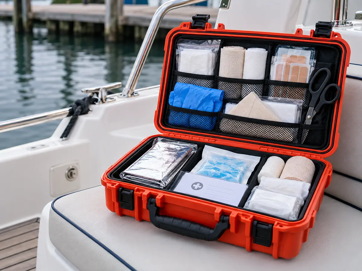 Open unbranded waterproof first-aid case with organized baseline supplies